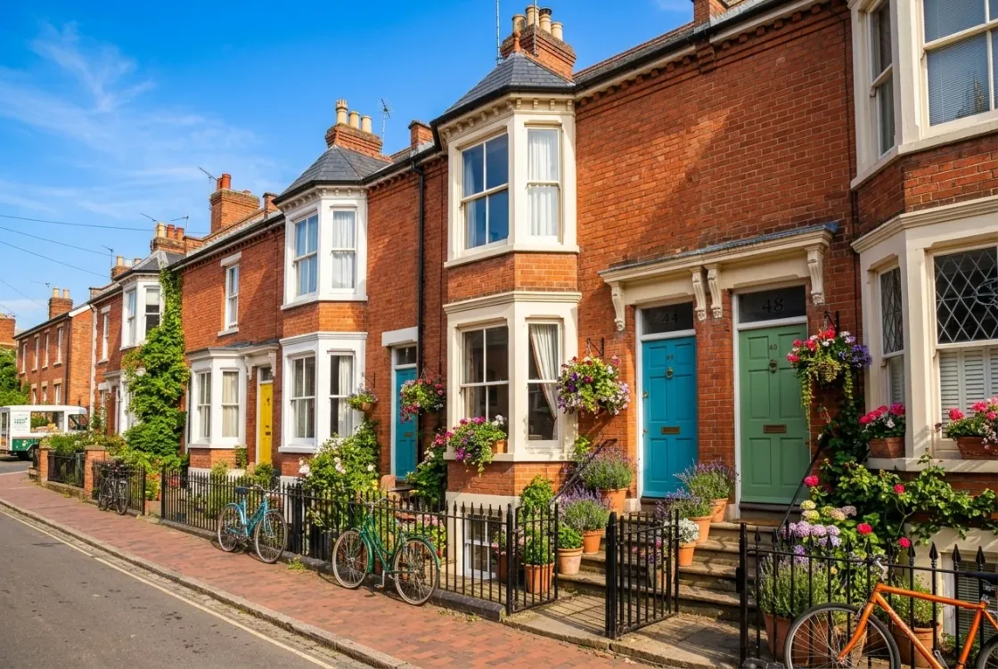 A sunny red brick terraced street of student houses with brightly painted front doors, flowers by the steps and bikes at the railings
