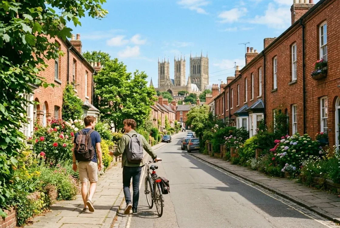 A leafy West End street of red brick terraces on a summer afternoon, with the cathedral towers on the hill in the distance and two students walking up the pavement