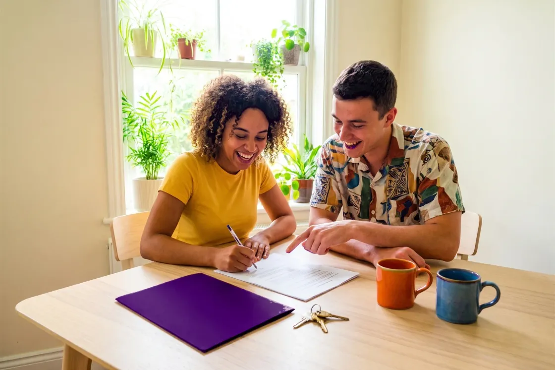 Two students signing a tenancy agreement at a sunny table, a purple folder and a set of keys beside them
