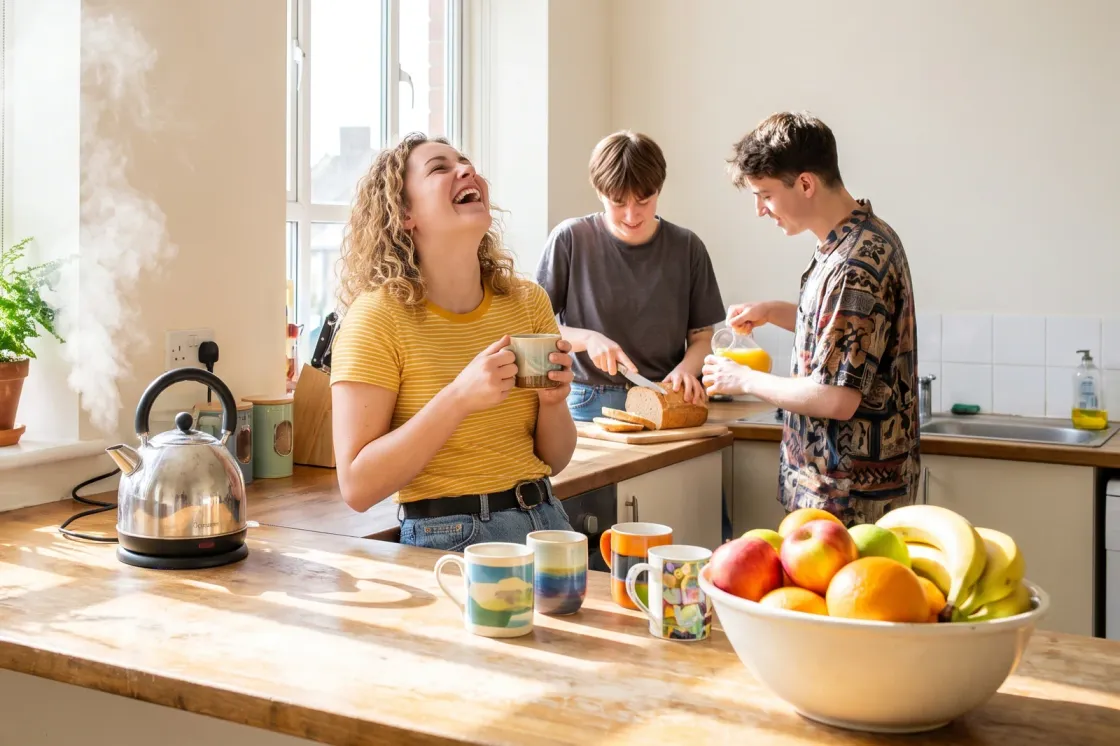 Three housemates laughing in a sunny student kitchen with the kettle steaming