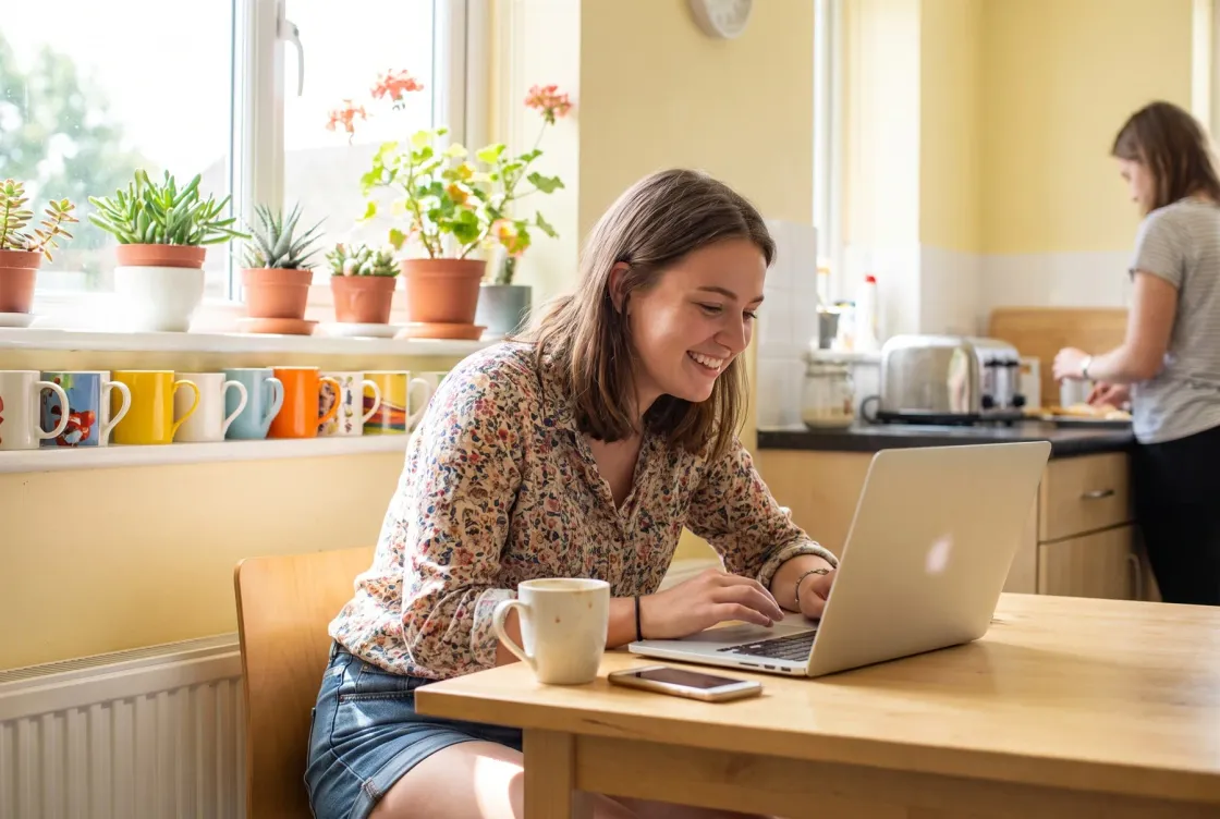 A student smiling as she fills in an application on her laptop at a sunny kitchen table, with a housemate making breakfast behind her