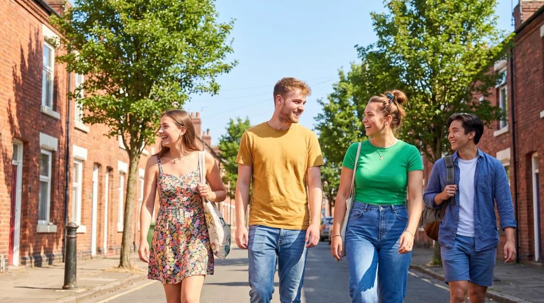 Four students walking together along a sunny terraced street in the West End