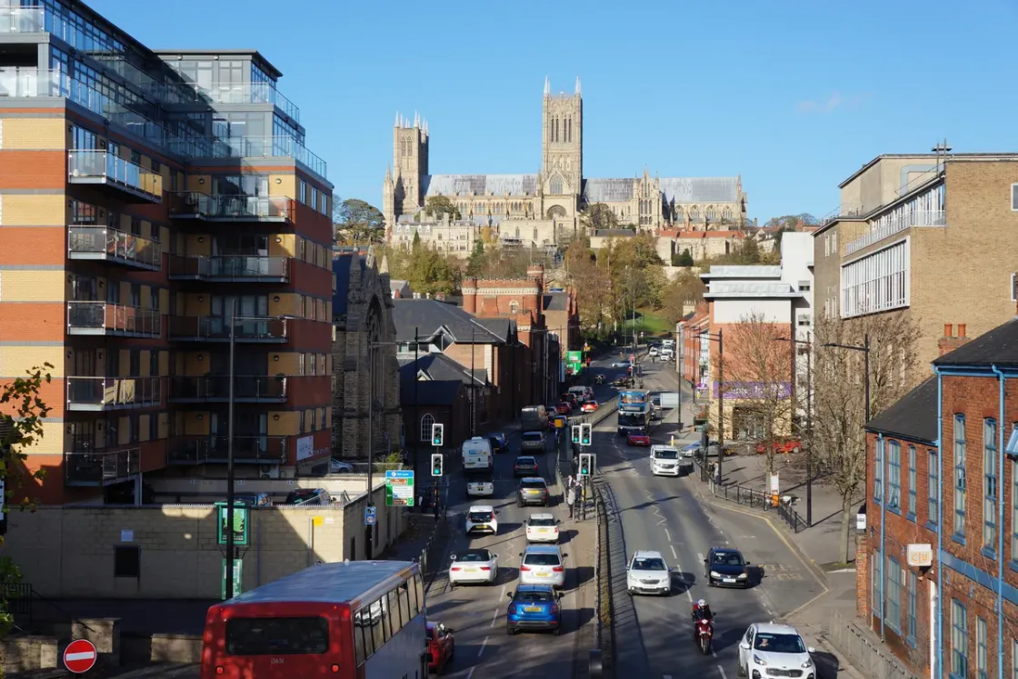 Looking up Broadgate in downhill Lincoln towards the cathedral on the hill above