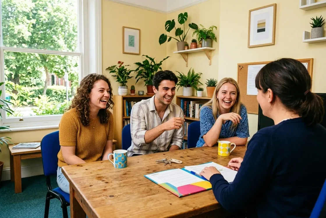 Three students laughing at a desk in a sunny office with keys and a folder on the table in front of them