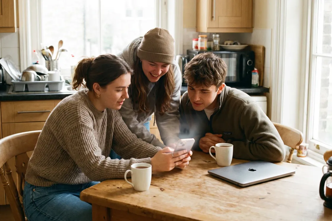 Three housemates round a kitchen table working something out together