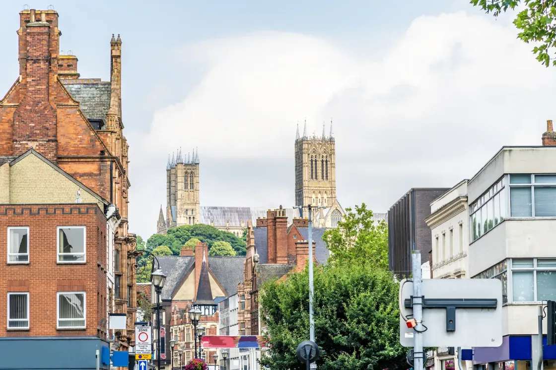 Lincoln High Street with the cathedral towers rising above the rooftops