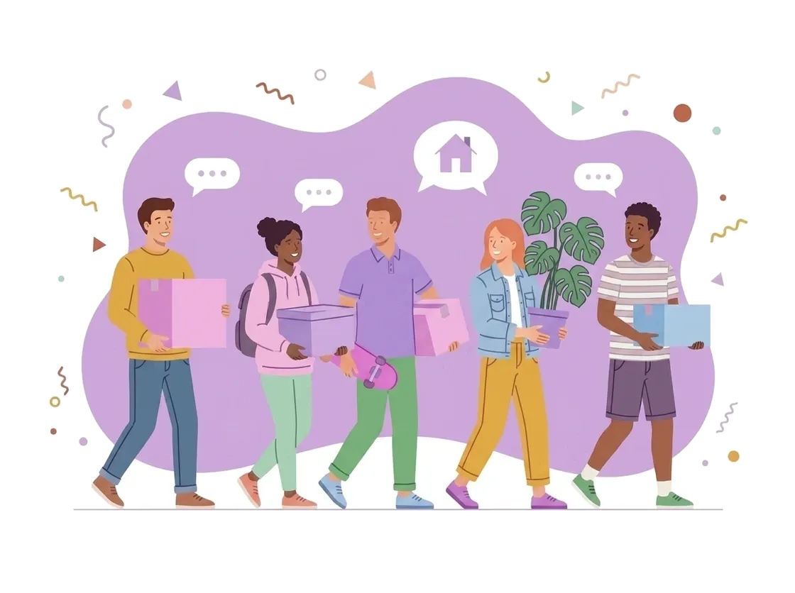 Illustration of five housemates carrying boxes and a plant into their new student house