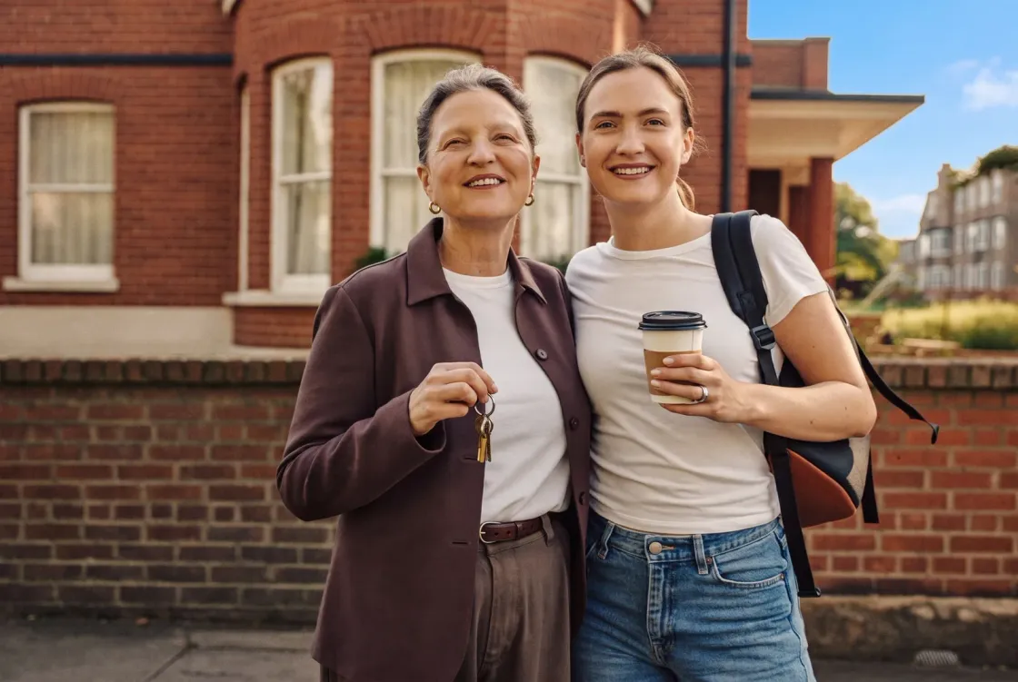 A mother and her student son on the doorstep of a red brick terraced house, house keys in her hand