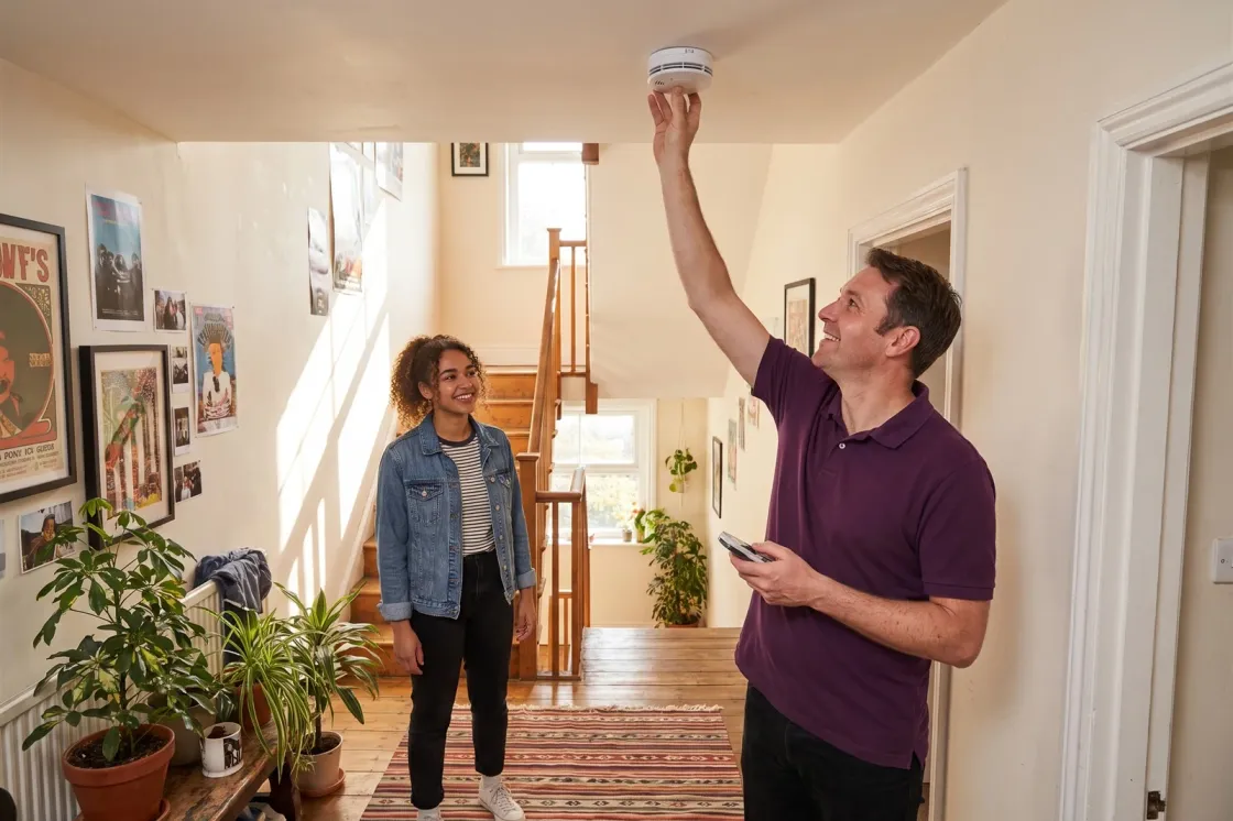 A maintenance engineer testing a smoke alarm in a student house while a tenant looks on