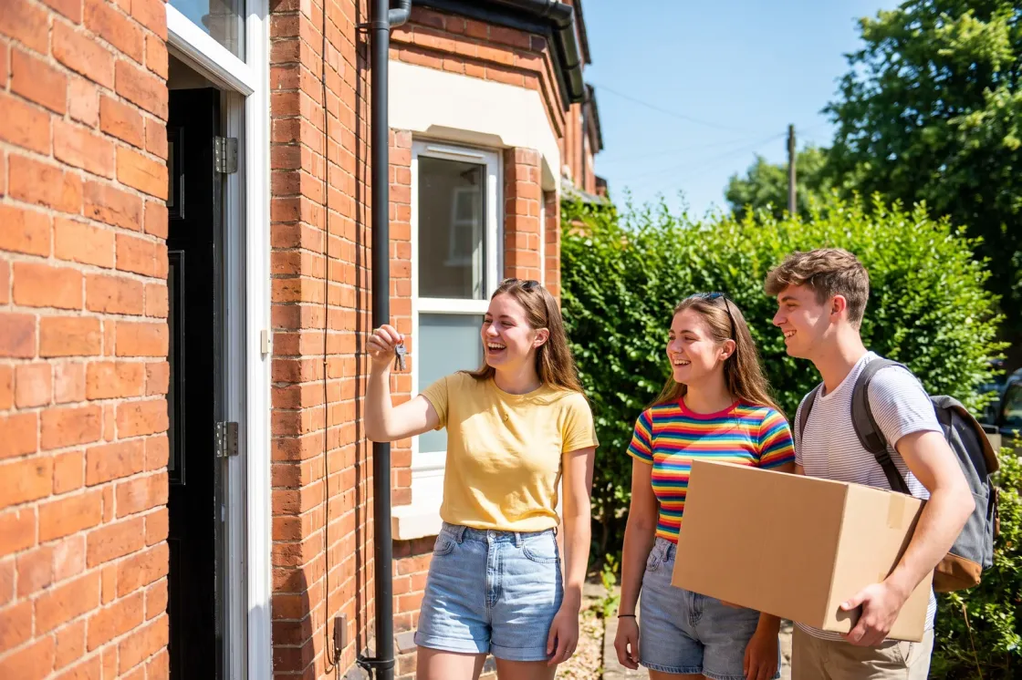 Three students at the front door of their new house, one holding up the keys