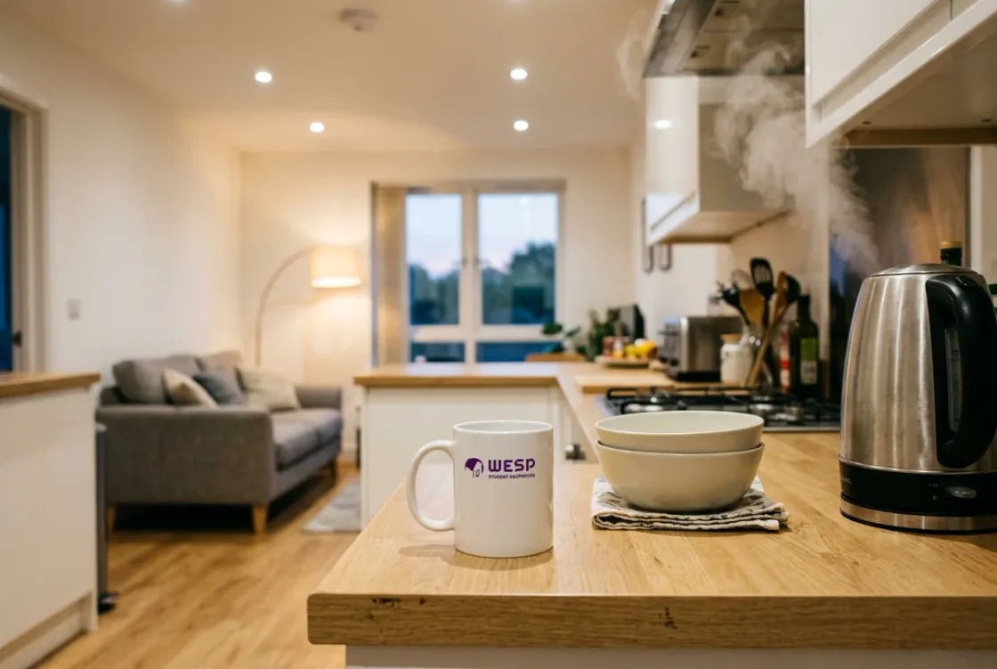 A WESP mug on the worktop of a student kitchen in the evening, lights on and the kettle boiling