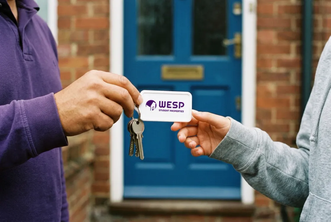 A WESP team member handing house keys with a WESP keyring to a student on the doorstep of a terraced house